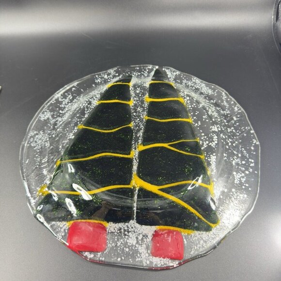 Hand Made Fused Art Glass Dish Plate Platter Christmas Tree Iridescent Glass VTG - Picture 5 of 16